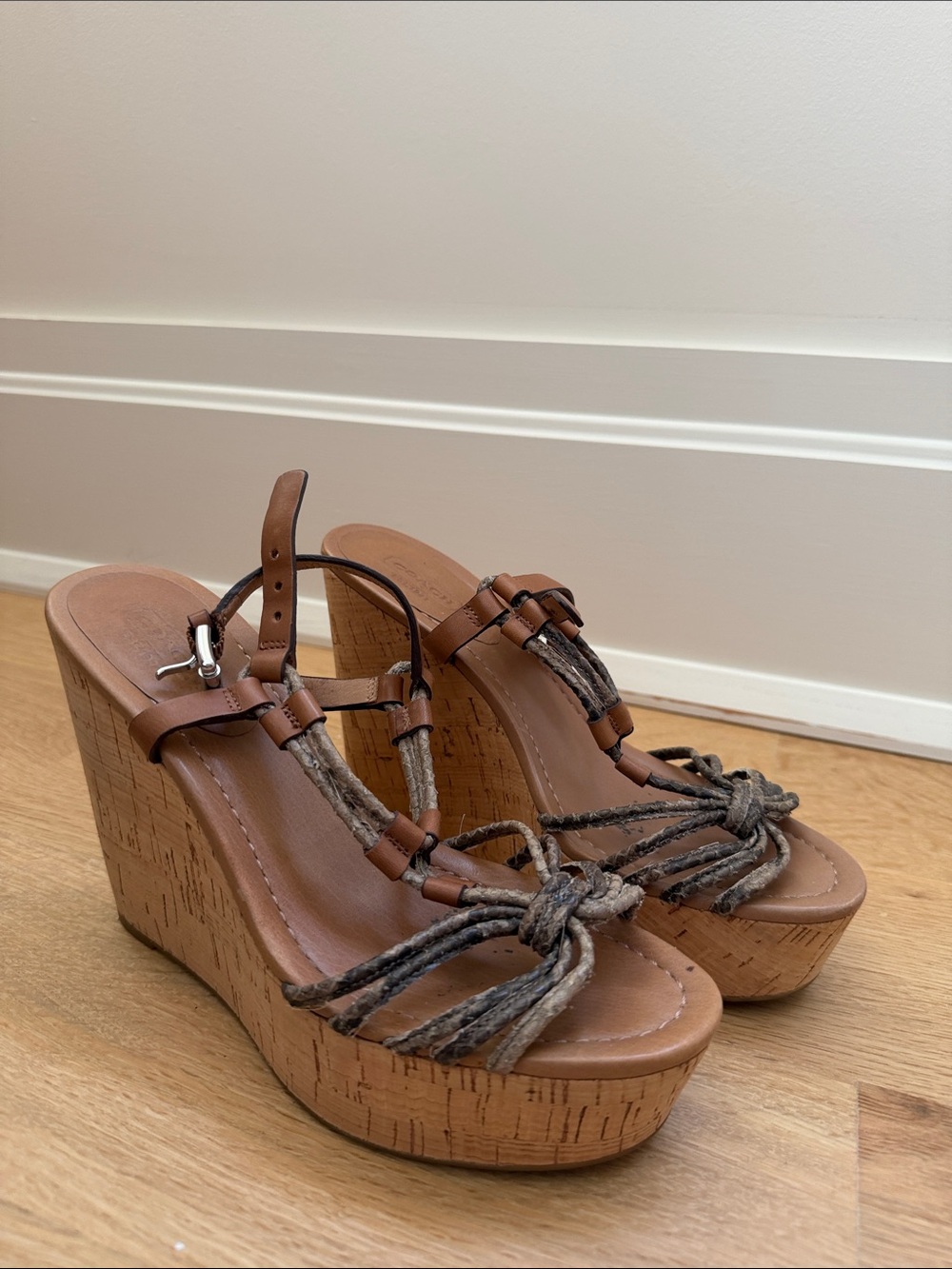 Coach Georgiana Brown Cork Wedge Sandals with Python Snake Knot Straps 7.5